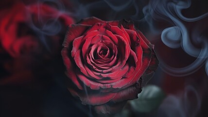 Rose wrapped in smoke swirl on isolated black background. AI generated