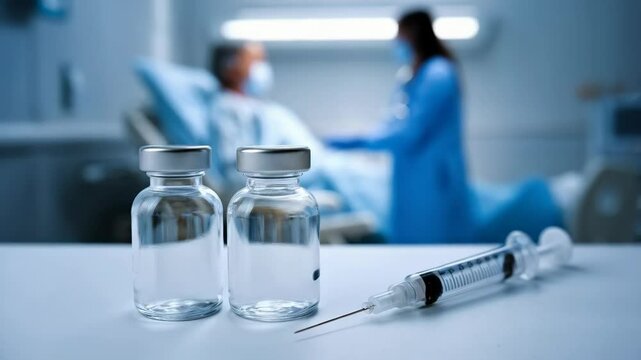A medical scene with vaccine vials and a syringe, focusing on healthcare and patient care.