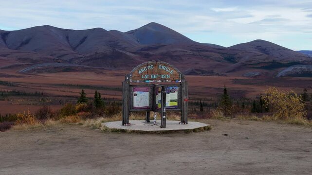 The Arctic Circle Sign With Mountain Backdrop On Dempster Highway In Yukon, Canada. Aerial Shot