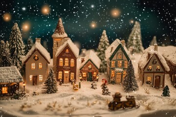Fototapeta premium Enchanting Winterscape of a Cozy Christmas Village Under Starry Skies