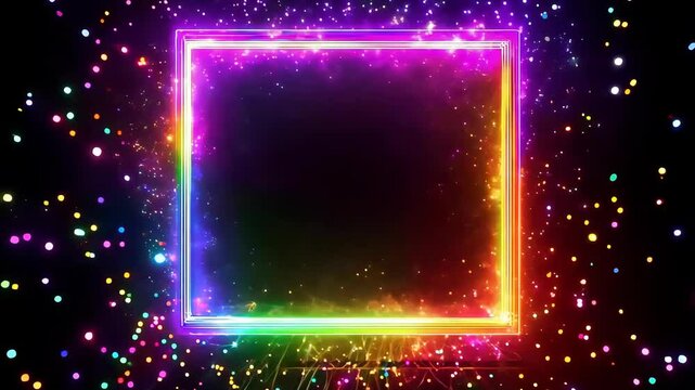 A neon-lit, square frame with a rainbow gradient glow, set against a dark background. The frame&rsquo;s vibrant colors, including pink, blue, yellow, and purple, create a bold, futuristic feel. The glowing 