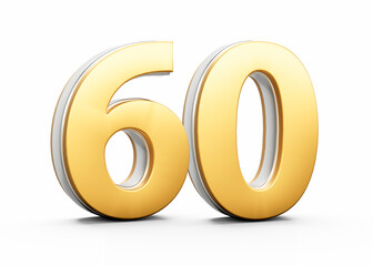 3D Golden Shiny Number 60 Sixty With Silver Outline On White Background 3D Illustration