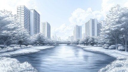 Fototapeta premium A Sketch of a River Flowing Through a Cityscape