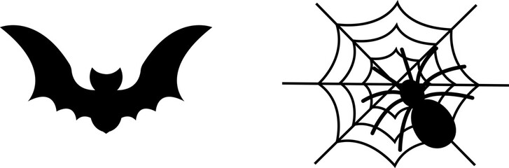Bat icons set. Bat wings, black web silhouette isolated white background. Symbol Halloween holiday, mystery cartoon dark vampire, night flyin element. Spooky scary flat design Vector illustration