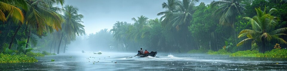 A small boat navigating a serene backwater in a tropical rainforest during early morning mist, reflecting peaceful scenery.

