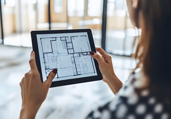 Woman looking at a floorplan on a tablet.