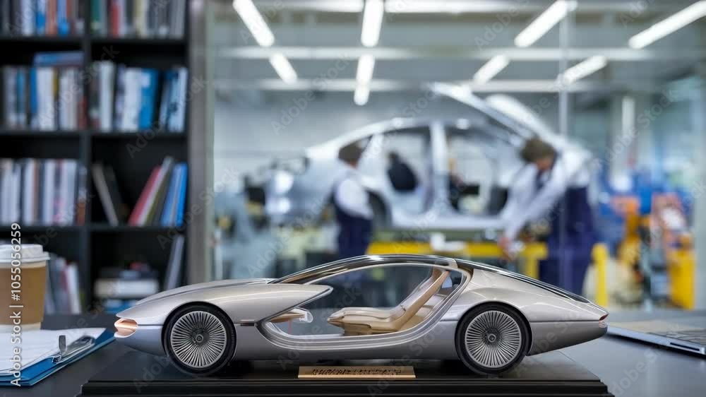 Poster a sleek car model displayed in a design studio with engineers working in the background.
