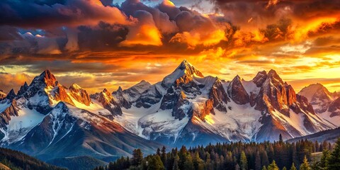 Obraz premium A majestic mountain range, illuminated by a fiery sunset, casting long shadows across the snow-covered peaks and the dense forest below.
