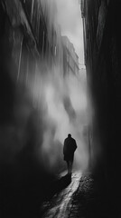 Obraz premium Abstract single person silhouette in black and white noir street scene watercolor charcoal light shadows negative space copy space mental health illness depression out of darkness loneliness concepts 