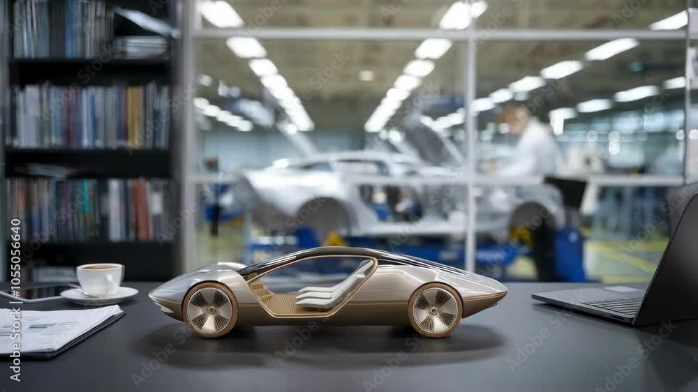 Aufkleber a sleek car model displayed in a design studio, with engineers working in the background.