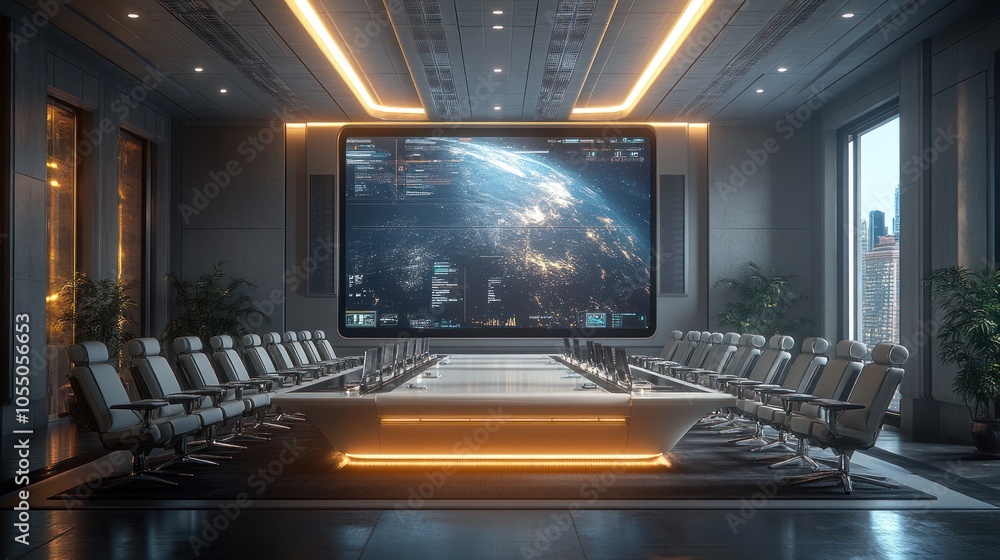 Poster modern conference room with a large screen displaying data.