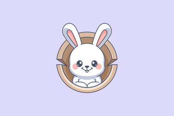 Cute bunny hiding in a wooden hole