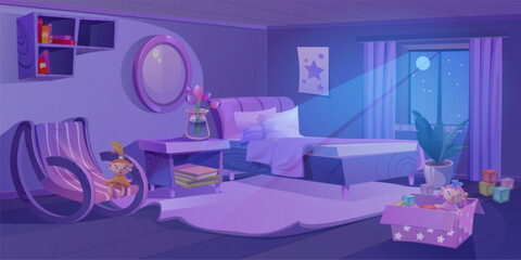 Nighttime bedroom interior under moonlight through window. Purple tinted interior with rocking chair and bed, bookshelf and toys in box, plants in pot and tulips in vase, mirror on wall above drawer.