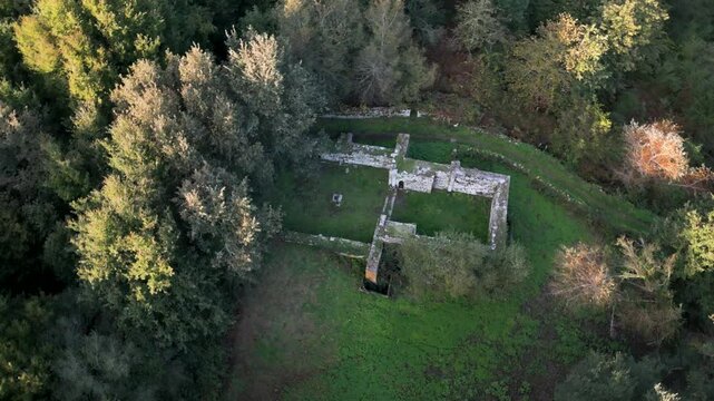 Aerial establishing shot of the remains of Iglesia de la Ascensi&oacute;n, Santa Mari&ntilde;a de Augas Santas, Allariz.