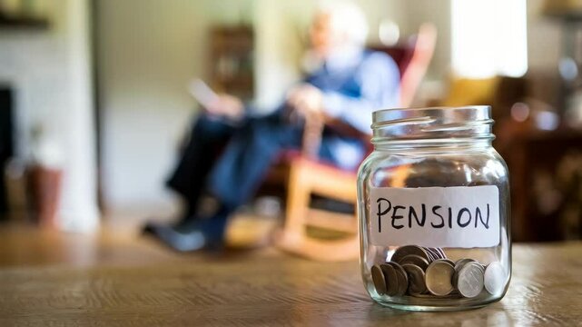 A jar labeled "Pension" filled with coins, with an elderly person in the background.