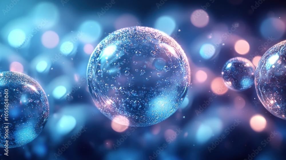 Poster captivating close-up of shimmering soap bubbles floating against a soft blue background with illumin