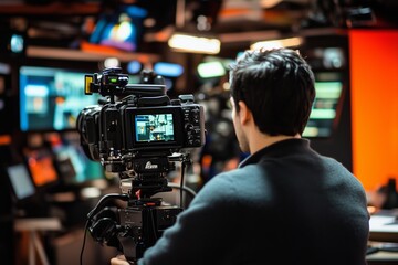 Operator work with professional camera equipment in studio