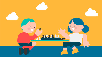 Pair of man and woman playing chess at table