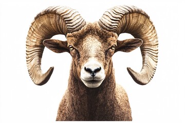 Front view illustration of a muscular ram with intricate horns, ideal for striking graphic design projects, isolated on a white background.