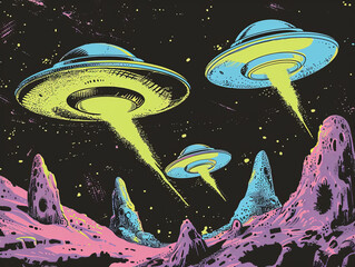 Retro space alien flying saucers zooming through outer space 1960s campy fun color tv show kids cartoon storybook vintage illustration style
