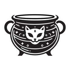 Line art of cauldron screened with cat design cartoon vector