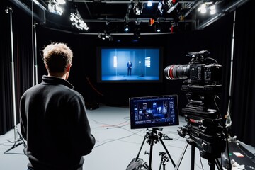 Operator work with professional camera equipment in studio