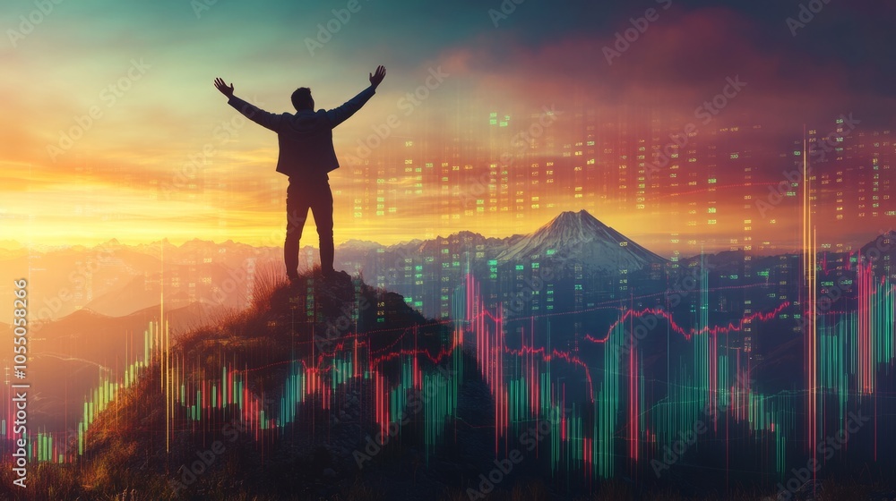 Poster a man is standing on a mountain with a city in the background