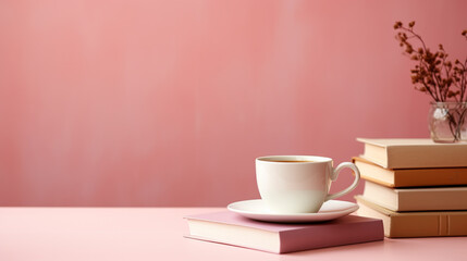 Book, cup of coffee or tea on a table against the pink wall with copy space. Mockup with copy space.