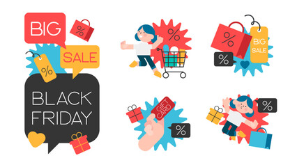 Fototapeta premium Black friday set. Shopping cart and bags with goods and presents.