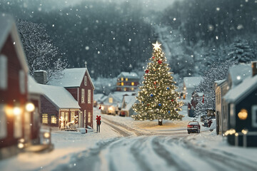Small town Christmas card Main Street midwestern all-American town quaint snowy winter hometown with cars big illuminated Christmas tree