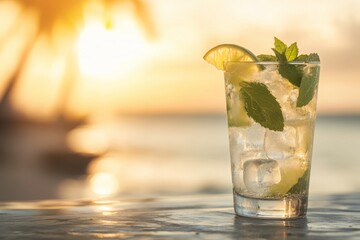Refreshing cocktail with mint and lime at sunset.