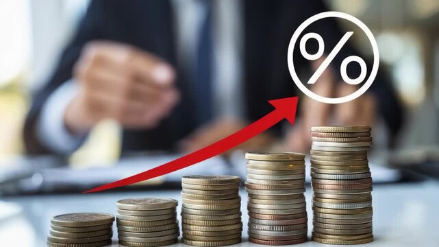 A business setting with stacked coins and a percentage symbol indicating growth.