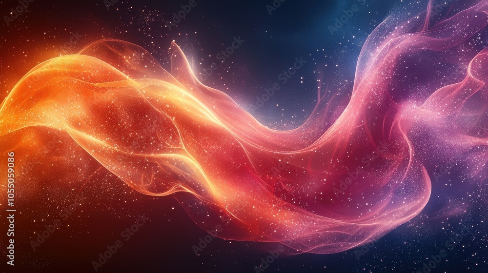 Poster colorful abstract light waves gently flowing in a dark cosmic background with shimmering particles c