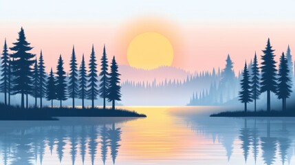 Obraz premium Serene lake at sunrise with pine trees.
