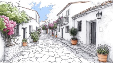 A Stone Pathway Through a Whitewashed European Village