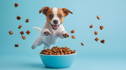 Cute dog catching jumping dog food from bowl, biscuits flying high on isolated blue background with copy space. Pet food store packaging, happy healthy life, funny animal portrait 3d digital artwork.