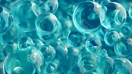 Abstract image of glossy, translucent turquoise bubbles floating in a fluid environment, ideal for science visuals, technology designs, or projects emphasizing freshness, clarity, and fluidity