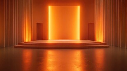 Orange-Lit Stage with Curved Steps and Curtains