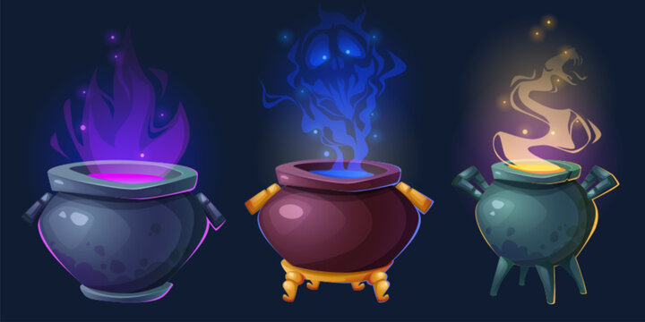 Magic cauldrons with mysterious glowing potion and smoke. Halloween pots made from dark metal with mystical purple flames, ghostly blue spirit, enchanted yellow vapor. Spooky gaming interface asset.
