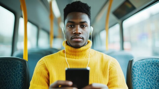 Portrait of a young African American man sitting on a city bus wearing earbuds and intently focused on watching something on his smartphone device while commuting to work or his destination - Powered by Adobe