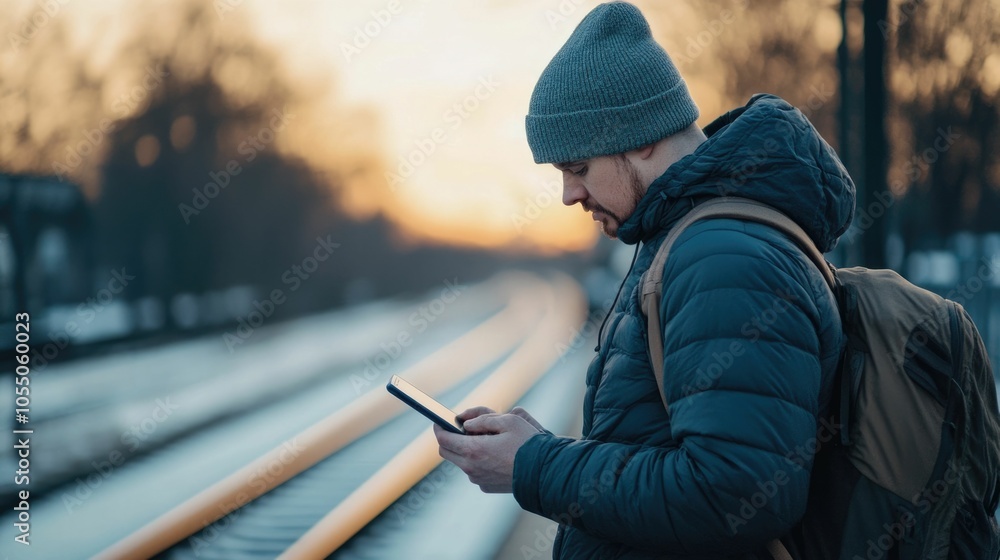 Poster Commuter checking social media feeds on mobile phone while waiting alone on a quiet train station platform with city urban backdrop and deep depth of field