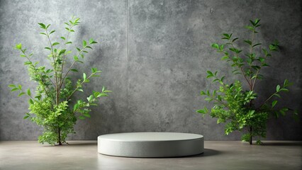 A minimalist composition featuring a circular platform against a textured backdrop, framed by verdant foliage, evokes a sense of serenity and understated elegance.