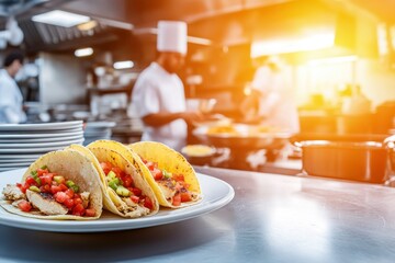Tacos served in a restaurant kitchen setting.