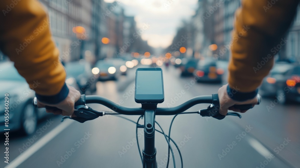 Poster cyclist navigating through a busy city street with a smartphone mounted on the handlebar for navigat