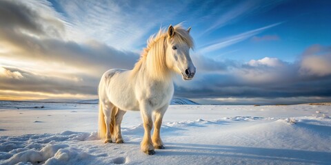 White Icelandic horse standing in a snowy background