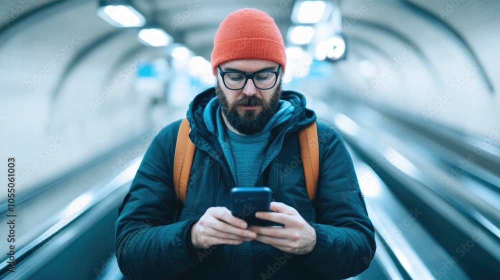 Poster commuter riding an escalator in a subway station intently focused on typing on his smartphone with a