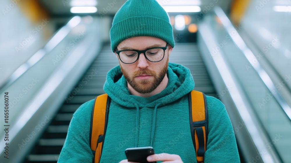 Poster portrait of a man on an escalator in a subway station typing intently on his smartphone device while