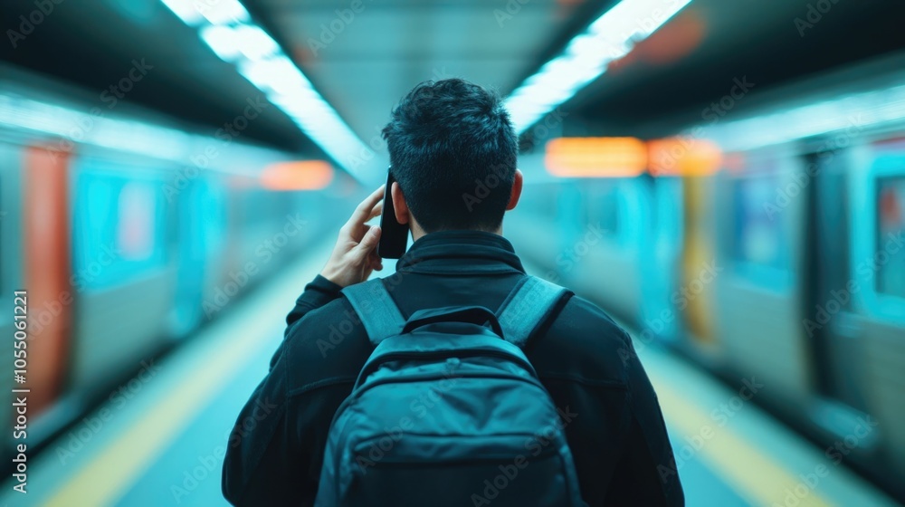 Poster commuter taking a phone call while hurrying to catch the metro in a blurred fast paced urban transit