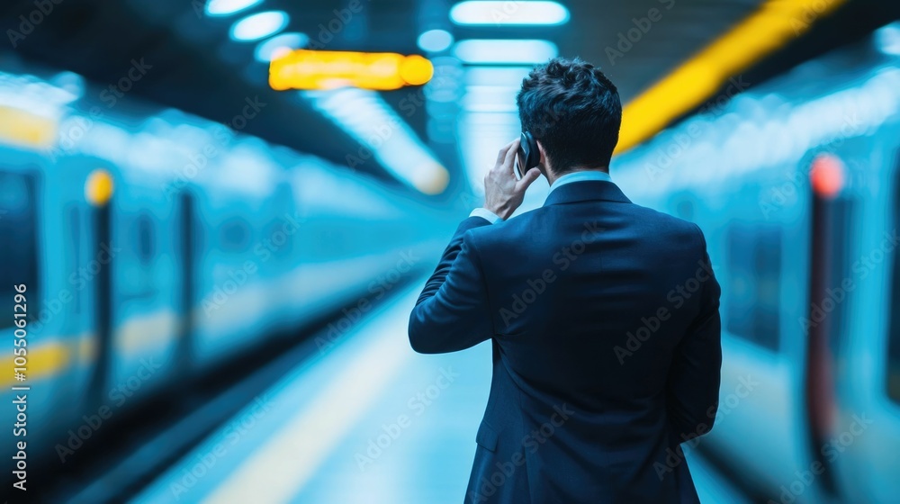 Poster commuter rushing to catch the metro while engaged in a phone call demonstrating the fast paced high 