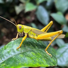 Yellow grasshopper on a leaf in focus.
